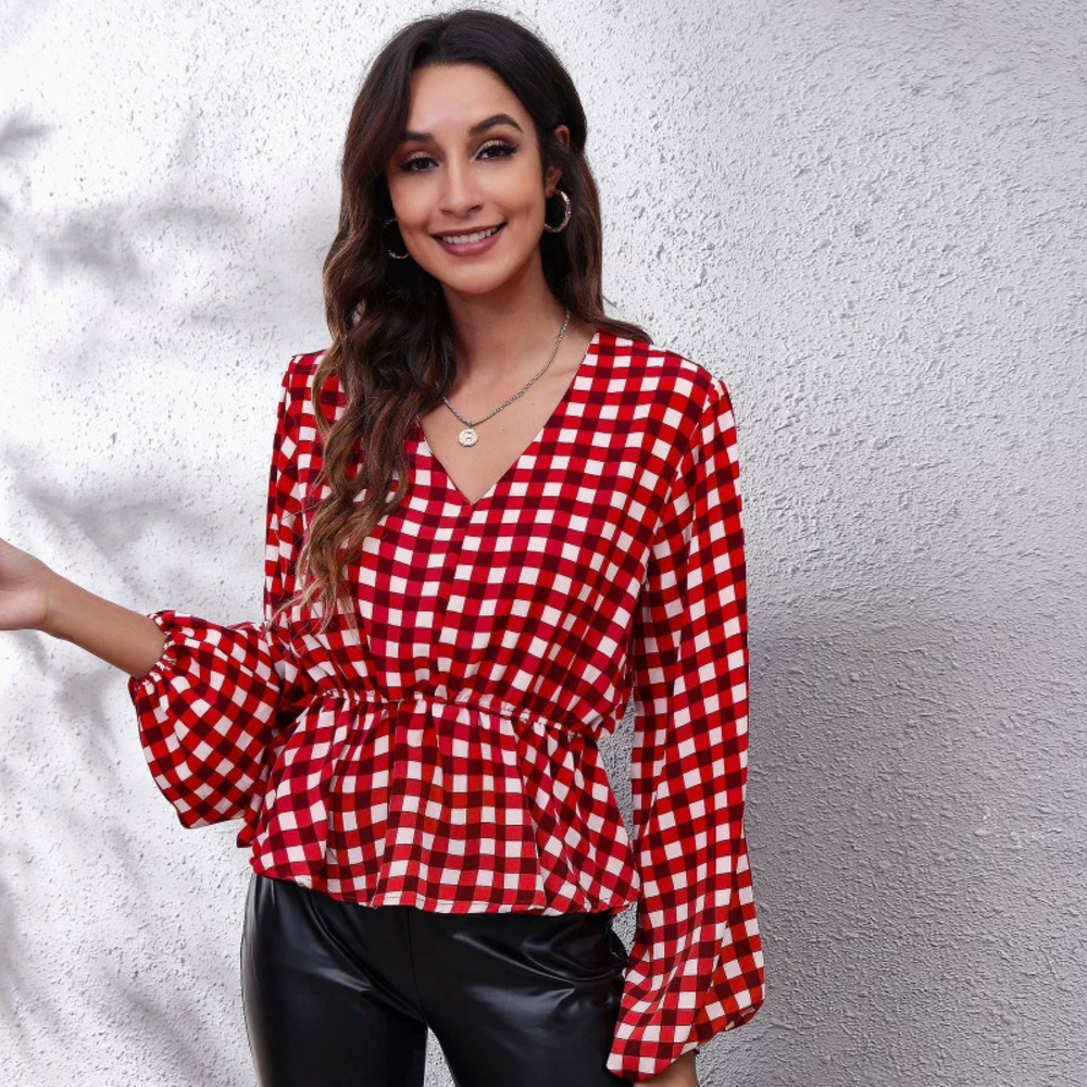 ZARA Plaid Lantern Sleeve Fitted V Neck Long Sleeve Retro Print Chiffon Blouse
